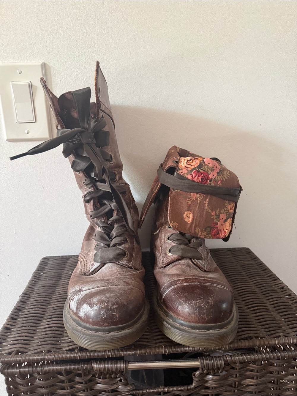Dr. Doc Martens Brown Leather Combat Boots with Floral lining
